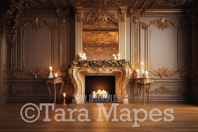 Ornate Christmas Fireplace Digital Backdrop - Ornate Christmas Room  - Christmas Mantle Digital Background JPG