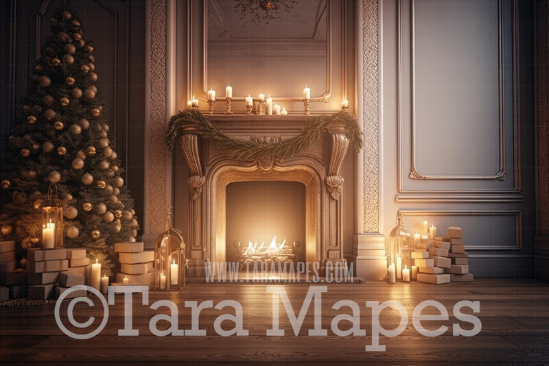 Ornate Christmas Fireplace Digital Backdrop - Ornate Christmas Room  - Christmas Mantle Digital Background JPG