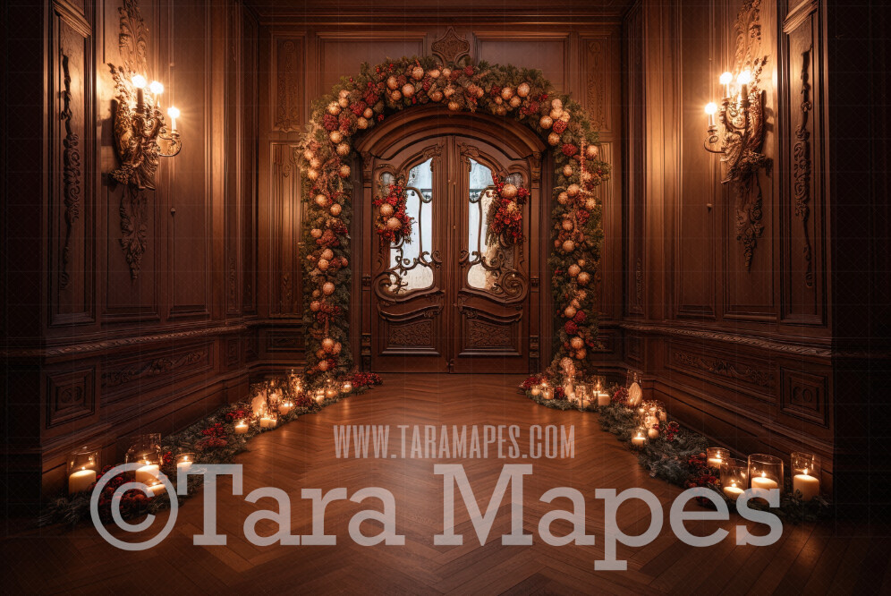 Ornate Christmas Door Digital Backdrop - Ornate Christmas Room Lights and Garland - Ornate Room - Victorian Christmas Room Door  Digital Background JPG