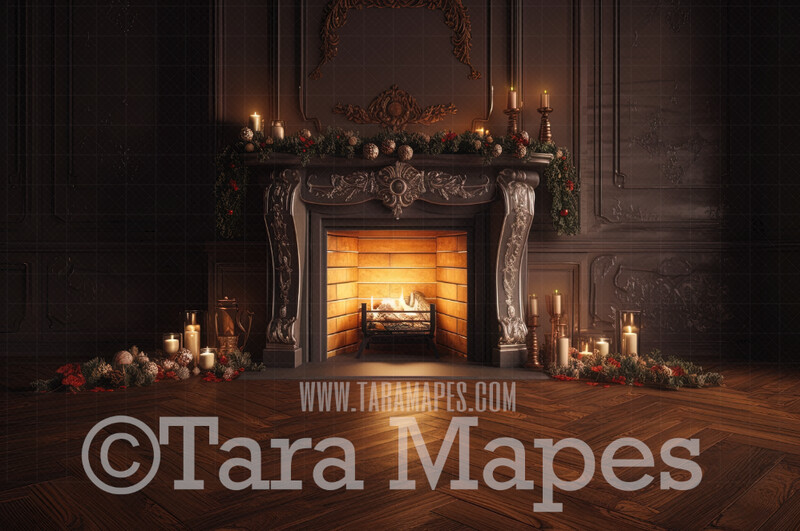 Christmas Fireplace Digital Backdrop - Christmas Room  - Christmas Mantle Digital Background JPG