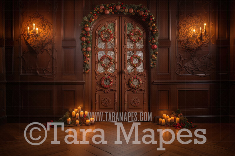 Ornate Christmas Door Digital Backdrop - Ornate Christmas Room Lights and Garland - Ornate Room - Gingerbread Door  Digital Background JPG
