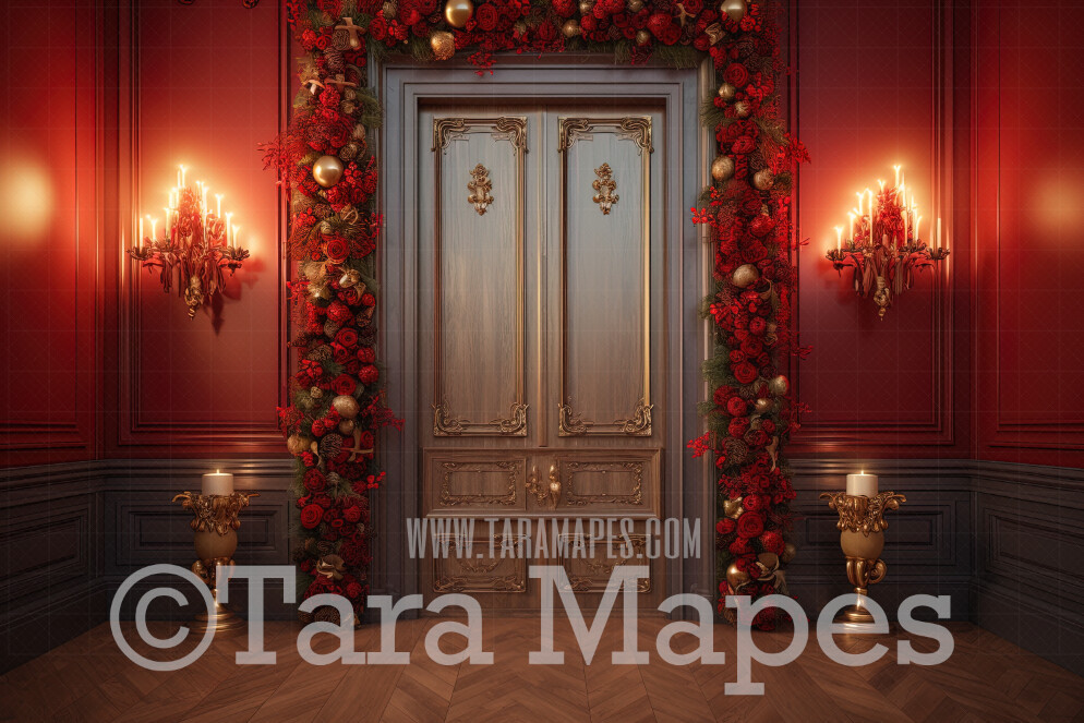 Ornate Christmas Door Digital Backdrop - Ornate Christmas Room Lights and Garland - Ornate Room - Victorian Christmas Room Door  Digital Background JPG