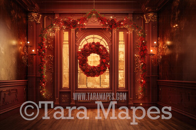 Ornate Christmas Door Digital Backdrop - Ornate Christmas Room Lights and Garland - Ornate Room - Victorian Christmas Room Door  Digital Background JPG