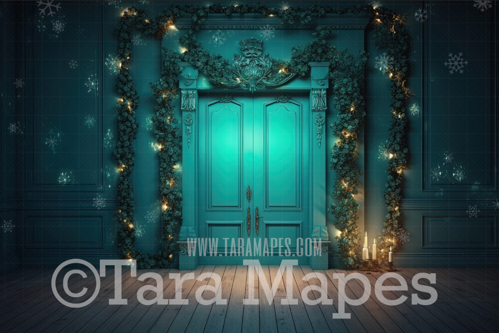 Ornate Christmas Door Digital Backdrop - Ornate Christmas Room Lights and Garland - Ornate Room - Victorian Christmas Room Door  Digital Background JPG