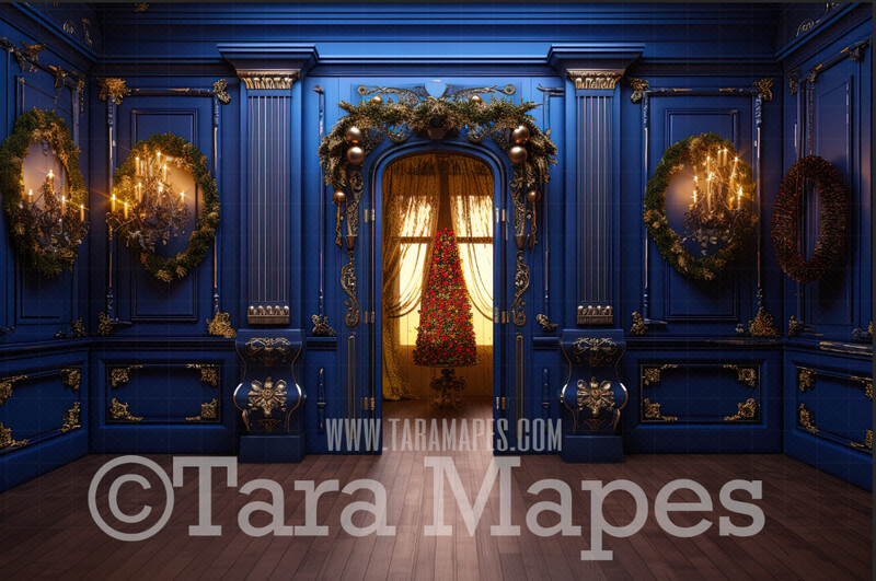 Ornate Blue and Gold Christmas Door Digital Backdrop - Ornate Christmas Room Lights and Garland - Ornate Room - Victorian Christmas Room Door  Digital Background JPG