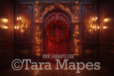 Ornate Christmas Door Digital Backdrop - Ornate Christmas Room Lights and Garland - Ornate Room - Victorian Christmas Room Door  Digital Background JPG