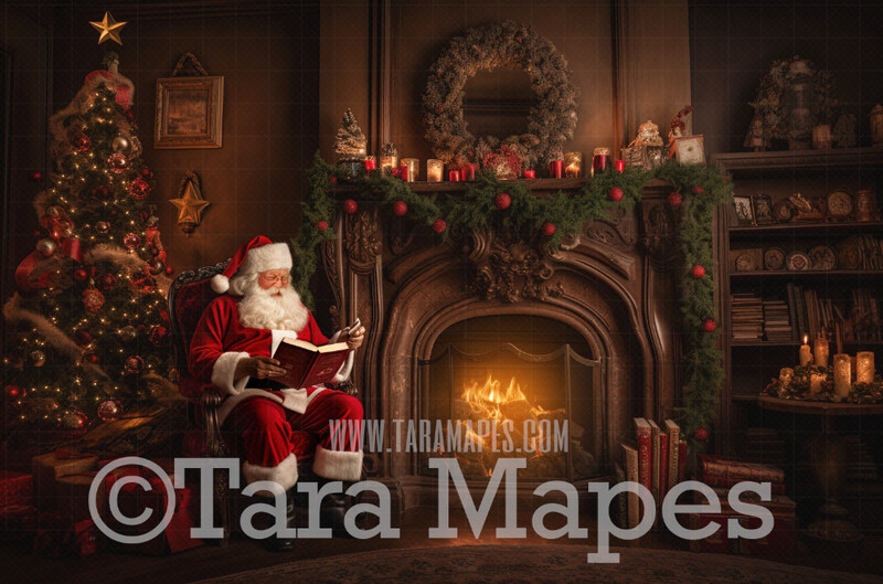 Santa Digital Backdrop - Santa Reading Book by Ornate Fireplace - Santa Scene with Christmas Fireplace - Ornate Christmas Digital Background JPG File Santa Digital Backdrop - Santa Reading Book by Ornate Fireplace - Santa Scene with Christmas Fireplace - Ornate Christmas Digital Background JPG File
