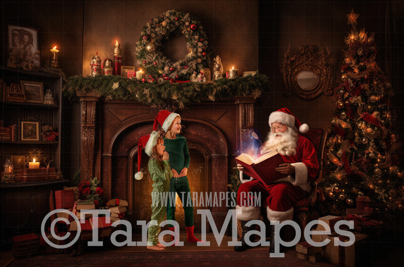 Santa Digital Backdrop - Santa Reading Book by Ornate Fireplace - Santa Scene with Christmas Fireplace  - Ornate Christmas Digital Background JPG File