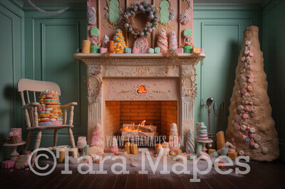 Gingerbread Fireplace Digital Backdrop - Gingerbread and Gumdrop Fireplace -  Pastel Christmas Gingerbread Mantle Digital Background