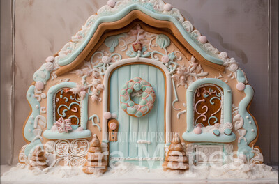 Gingerbread Door Digital Backdrop -Gingerbread House Door -  Pastel Christmas Gingerbread Homes Digital Background