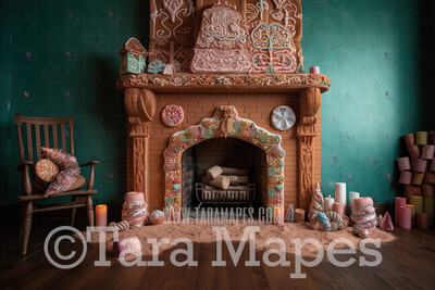 Gingerbread Fireplace Digital Backdrop - Gingerbread and Gumdrop Fireplace -  Pastel Christmas Gingerbread Mantle Digital Background