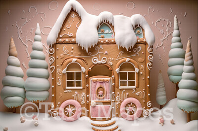 Gingerbread House Digital Backdrop  -  Pastel Christmas Gingerbread Home Digital Background