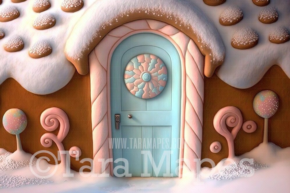 Gingerbread Door Digital Backdrop -Gingerbread House Door -  Pastel Christmas Gingerbread Homes Digital Background