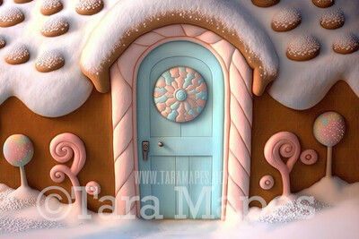 Gingerbread Door Digital Backdrop -Gingerbread House Door -  Pastel Christmas Gingerbread Homes Digital Background