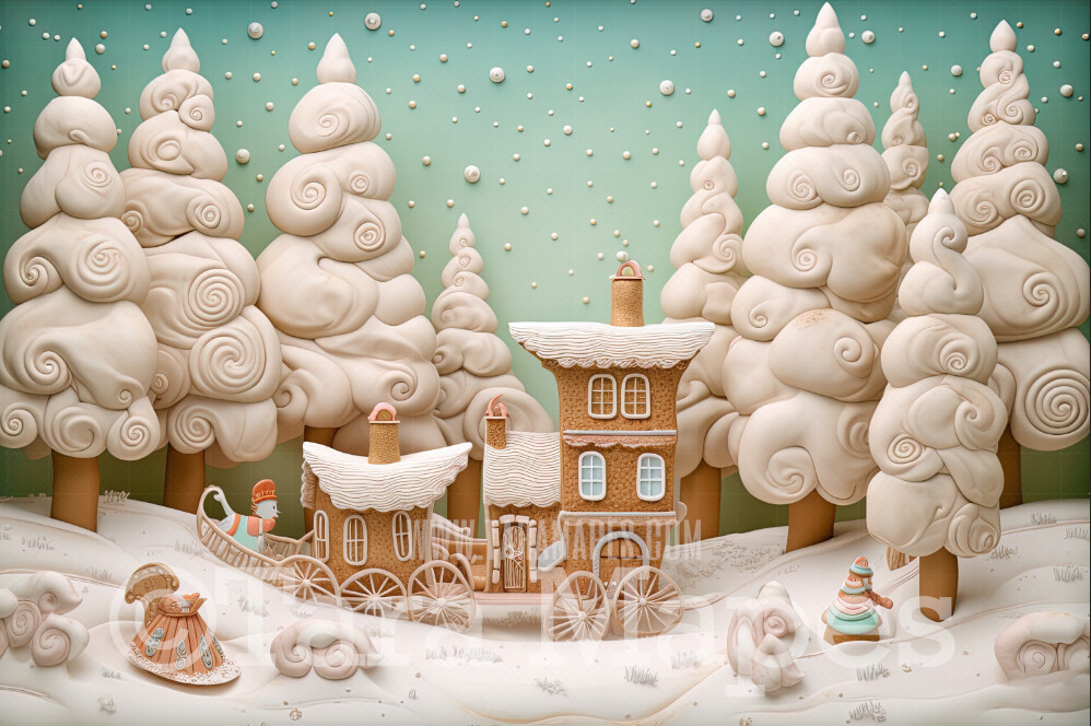 Gingerbread House in Forest Digital Backdrop -Gingerbread Trees - Pastel Christmas Gingerbread Digital Background