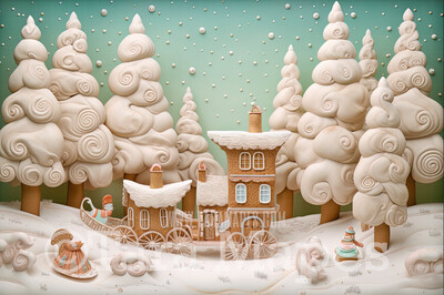 Gingerbread House in Forest Digital Backdrop -Gingerbread Trees - Pastel Christmas Gingerbread Digital Background