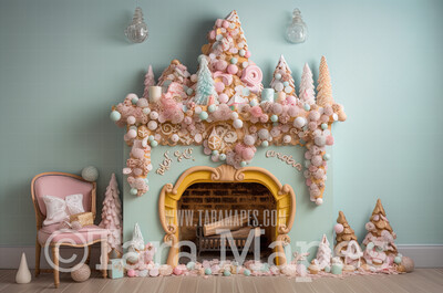 Gingerbread Fireplace Digital Backdrop - Gingerbread and Gumdrop Fireplace -  Pastel Christmas Gingerbread Mantle Digital Background