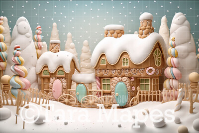 Gingerbread House Backdrop -Gingerbread Scene  -  Pastel Christmas Gingerbread Homes Digital Background