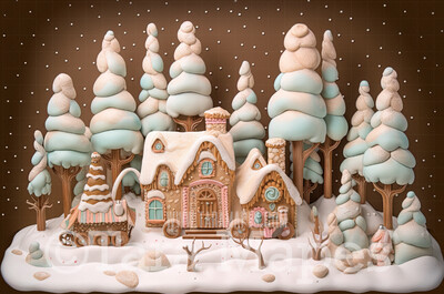 Gingerbread  House in Forest Digital Backdrop -Gingerbread Trees - Christmas Gingerbread Digital Background