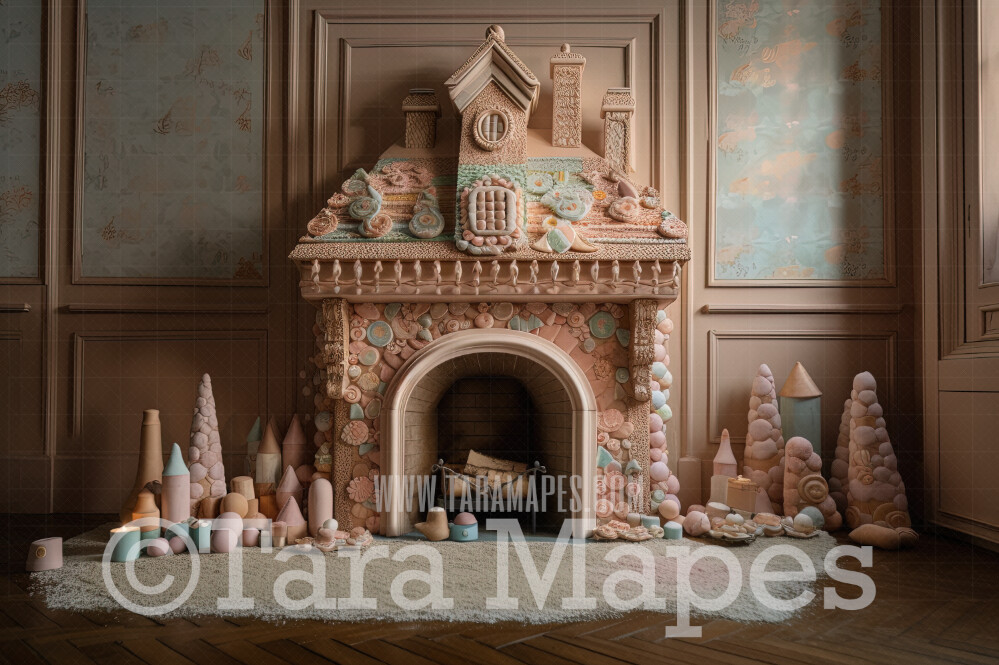 Gingerbread Fireplace Digital Backdrop - Gingerbread and Gumdrop Fireplace -  Pastel Christmas Gingerbread Mantle Digital Background