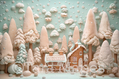 Gingerbread House in Forest Digital Backdrop -Gingerbread Trees - Pastel Christmas Gingerbread Digital Background