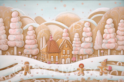 Gingerbread House in Forest Digital Backdrop -Gingerbread Trees - Pastel Christmas Gingerbread Digital Background