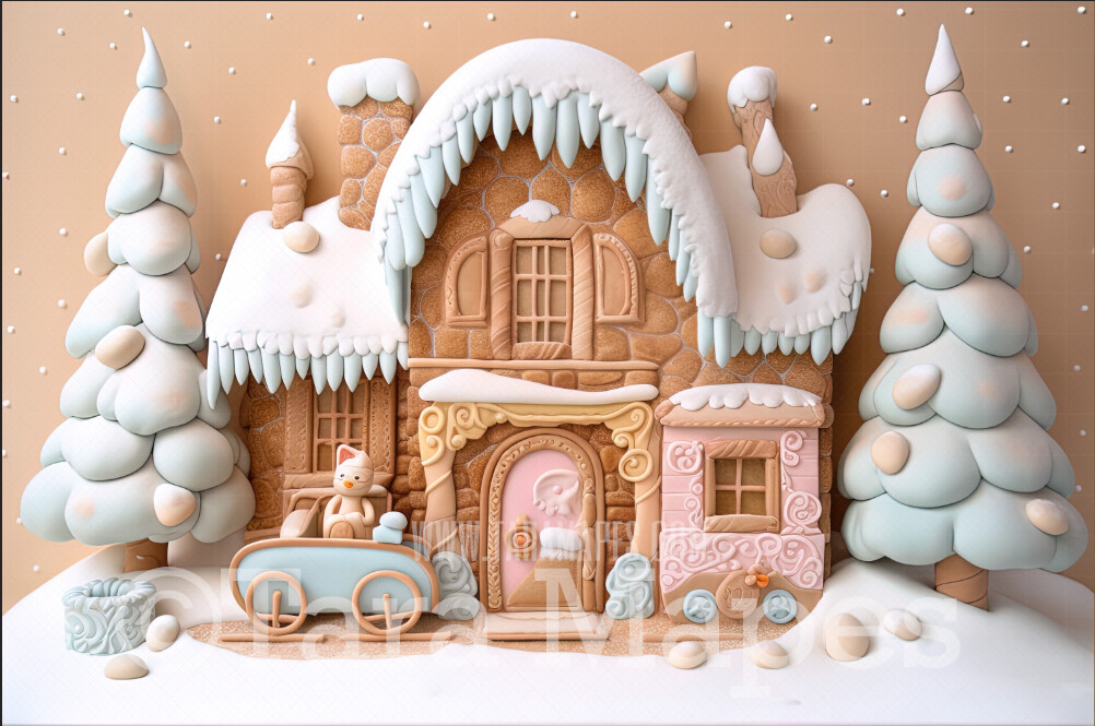 Gingerbread House Digital Backdrop - Gingerbread Home - Pastel Christmas Gingerbread House Digital Background