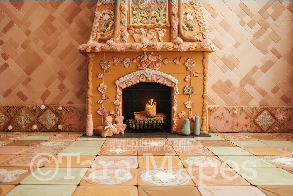 Gingerbread Fireplace Digital Backdrop - Gingerbread and Icing Fireplace -  Pastel Christmas Gingerbread Mantle Digital Background