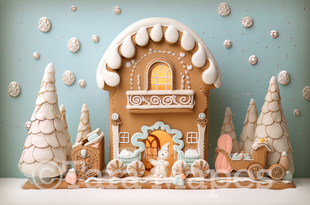 Gingerbread House Digital Backdrop -Gingerbread Home - Pastel Christmas Gingerbread House Digital Background