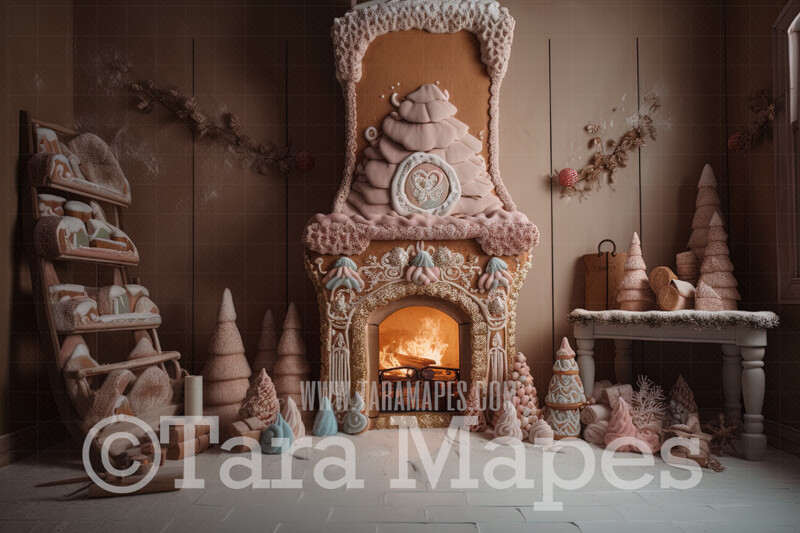 Gingerbread Fireplace Digital Backdrop - Gingerbread and Icing Fireplace -  Pastel Christmas Gingerbread Mantle Digital Background