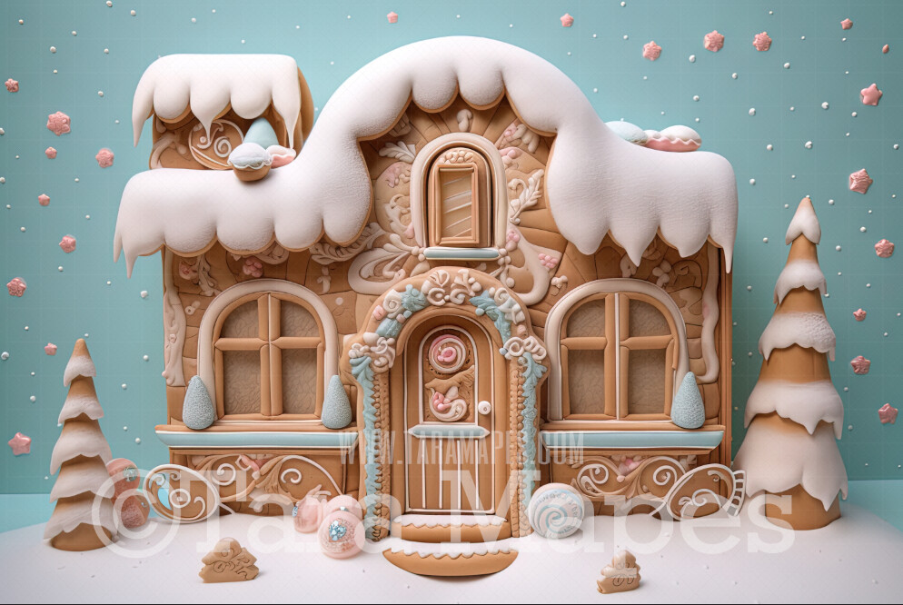 Gingerbread House Digital Backdrop  -  Pastel Christmas Gingerbread Home Digital Background
