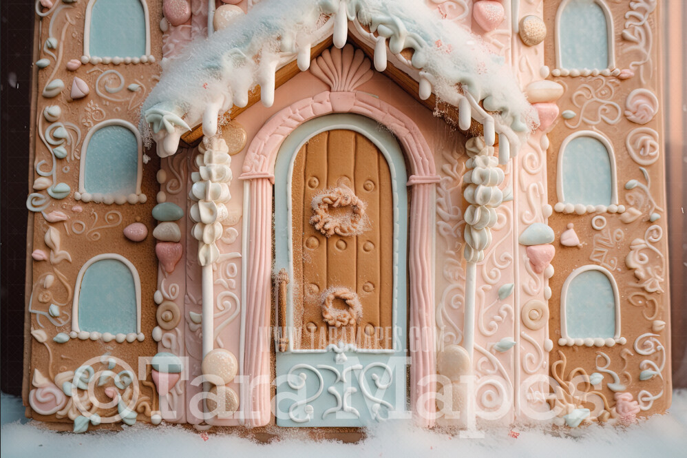 Gingerbread Door Digital Backdrop -Gingerbread House Door -  Pastel Christmas Gingerbread Homes Digital Background
