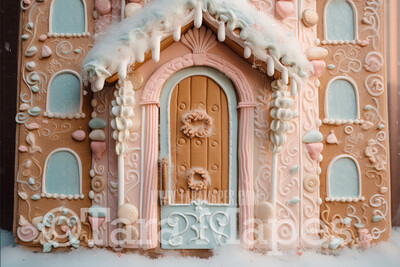 Gingerbread Door Digital Backdrop -Gingerbread House Door -  Pastel Christmas Gingerbread Homes Digital Background