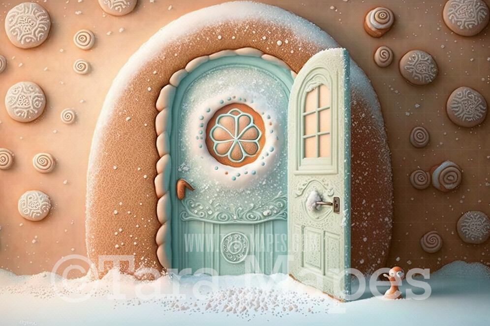 Gingerbread Door Digital Backdrop -Gingerbread House Door -  Pastel Christmas Gingerbread Homes Digital Background