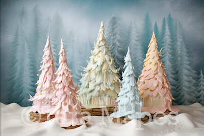 Gingerbread House in Forest Digital Backdrop -Gingerbread Trees - Pastel Christmas Gingerbread Digital Background