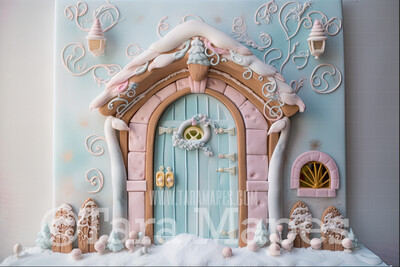 Gingerbread Door Digital Backdrop -Gingerbread House Door -  Pastel Christmas Gingerbread Homes Digital Background