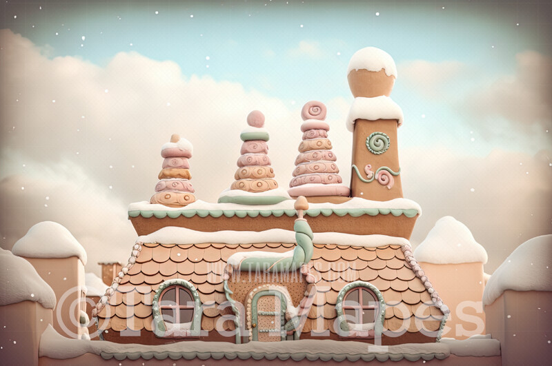Gingerbread Chimney Rooftop - Gingerbread House Digital Backdrop  -  Pastel Christmas Gingerbread Roof Digital Background