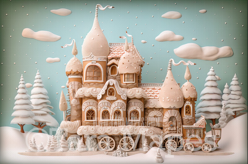 Gingerbread Mansion Digital Backdrop  -  Pastel Christmas Gingerbread House Digital Background