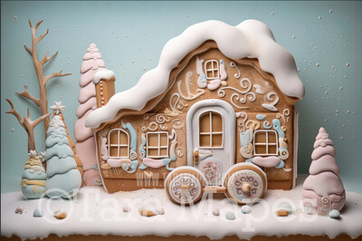 Gingerbread House Digital Backdrop  -  Pastel Christmas Gingerbread Home Digital Background