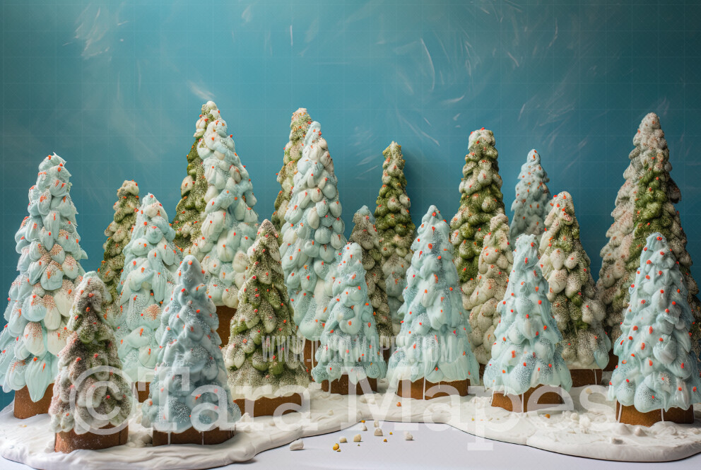 Gingerbread House in Forest Digital Backdrop -Gingerbread Trees - Pastel Christmas Gingerbread Digital Background