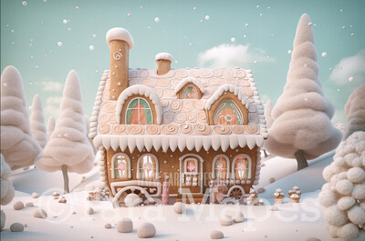 Gingerbread House Digital Backdrop - Gingerbread Home in Forest  - Pastel Christmas Gingerbread House Digital Background