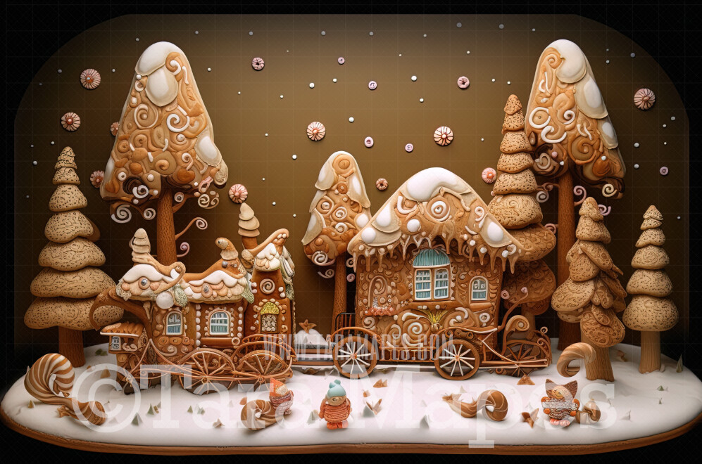 Gingerbread Train Digital Backdrop - Gingerbread Train in Forest  - Christmas Gingerbread House Digital Background