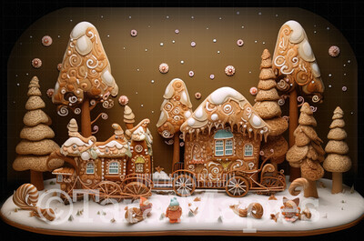 Gingerbread Train Digital Backdrop - Gingerbread Train in Forest  - Christmas Gingerbread House Digital Background