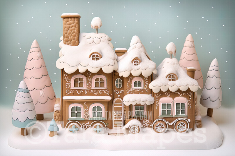 Gingerbread House Digital Backdrop - Gingerbread Home in Forest  - Pastel Christmas Gingerbread House Digital Background