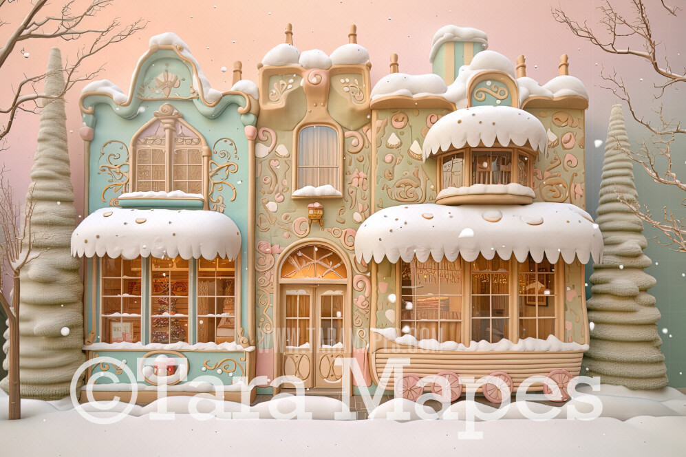 Gingerbread Shop Digital Backdrop - Gingerbread Storefront - Pastel Christmas Gingerbread Toy Shop Digital Background