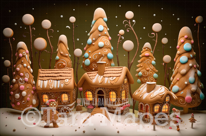 Gingerbread House Digital Backdrop - Gingerbread Home in Forest  - Pastel Christmas Gingerbread House Digital Background