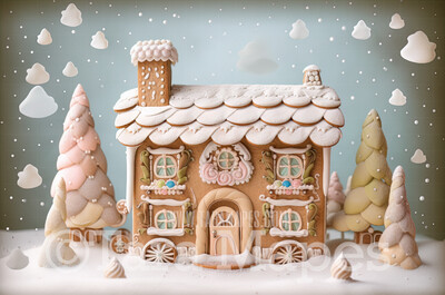 Gingerbread House Digital Backdrop - Gingerbread Home in Forest  - Pastel Christmas Gingerbread House Digital Background