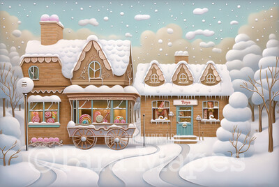 Gingerbread Shop Digital Backdrop - Gingerbread Storefront - Pastel Christmas Gingerbread Toy Shop Digital Background