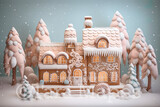 Gingerbread House Digital Backdrop - Gingerbread Home in Forest  - Pastel Christmas Gingerbread House Digital Background