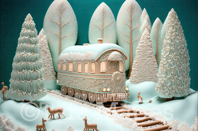 Gingerbread Train Digital Backdrop - Gingerbread Train in Forest  - Pastel Christmas Gingerbread Train Digital Background